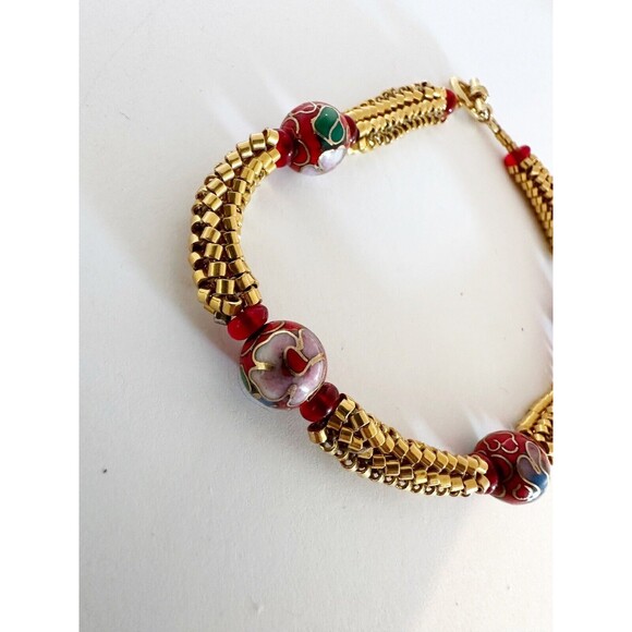 Vintage Red CLOISONNE Bead Toggle Bracelet Gold Seed Beads - Picture 3 of 4